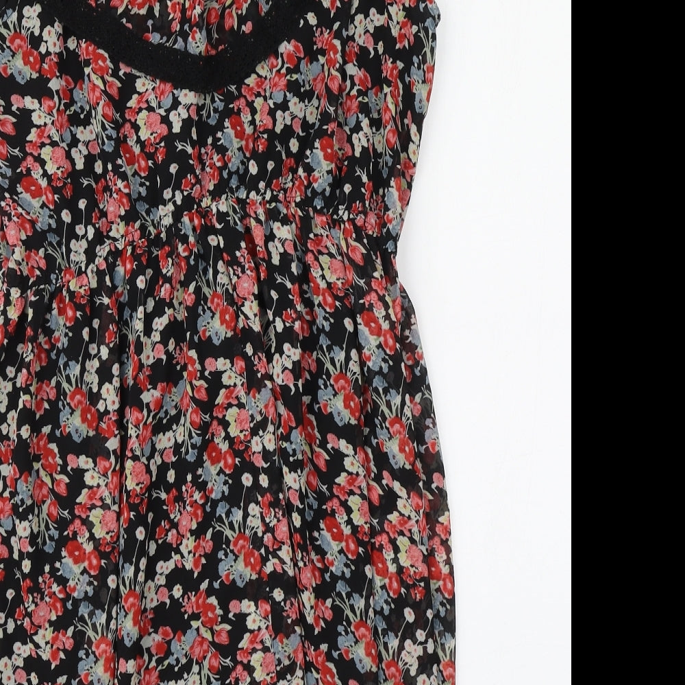 Red Herring Womens Black Floral Polyester Skater Dress Size 18 V-Neck