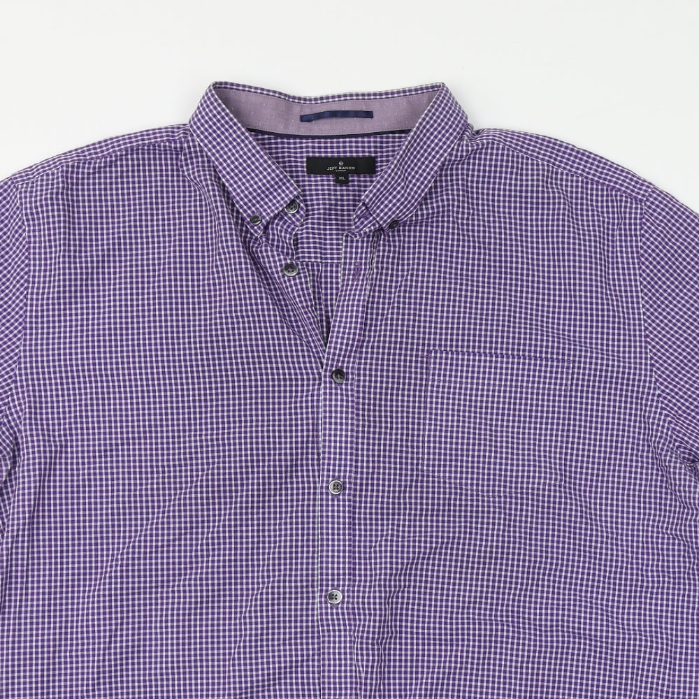 Jeff Banks Mens Purple Check Cotton Button-Up Size XL Collared
