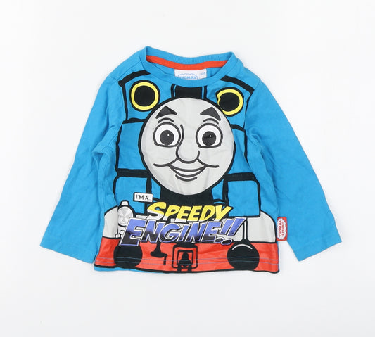 Front view of Thomas & Friends boys’ blue cotton basic t-shirt, size 6-9, months round neck