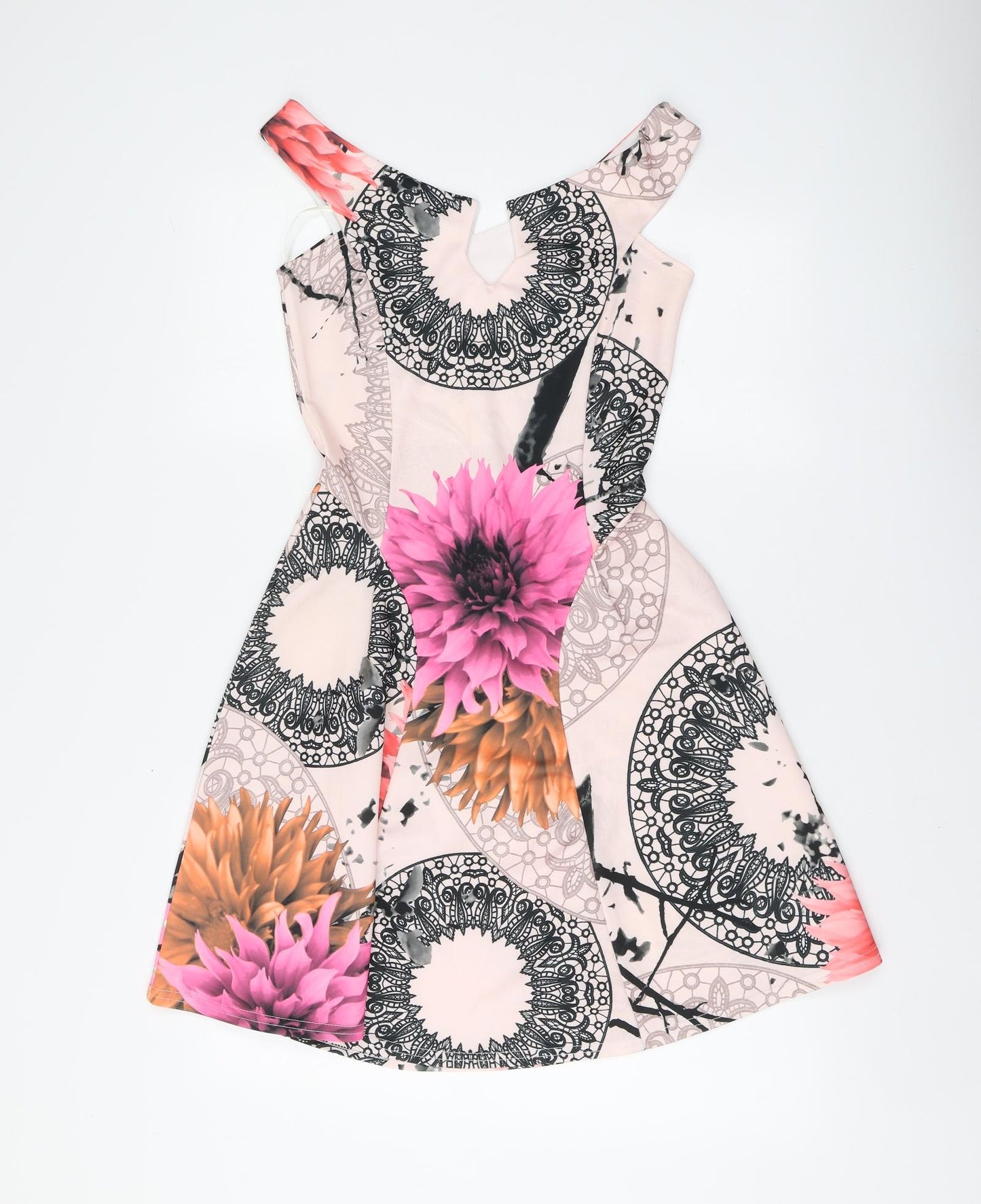 I-X London Womens Pink Geometric Polyester Skater Dress Size 8 Round Neck