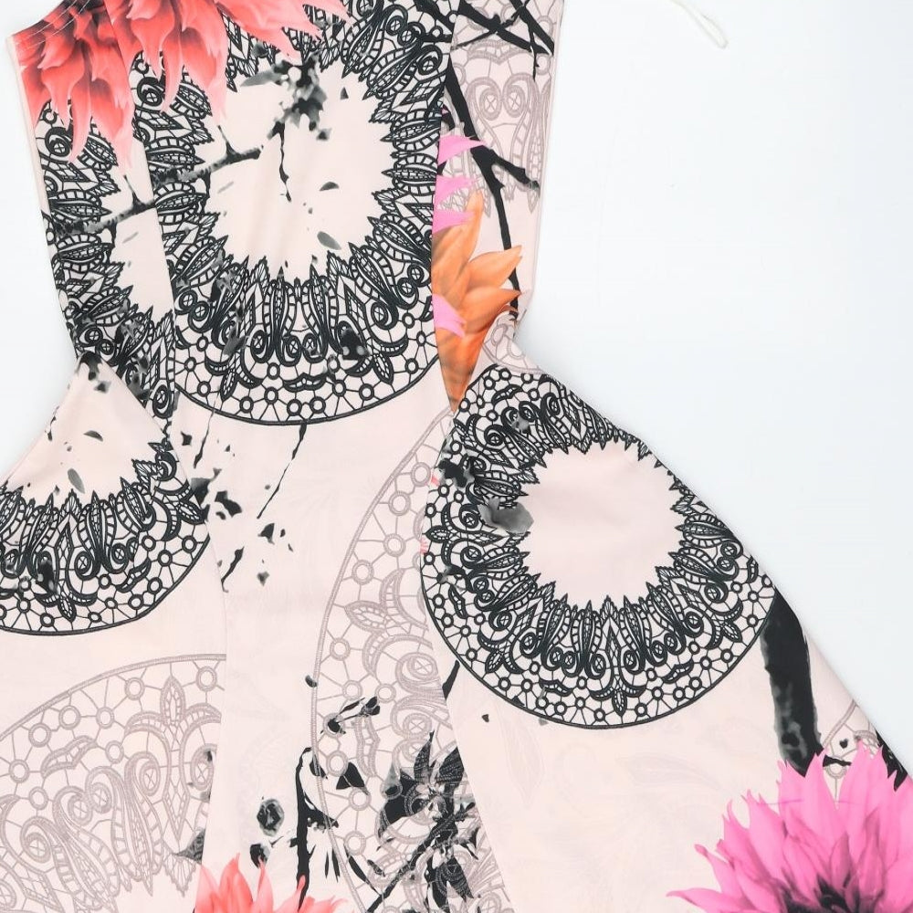 I-X London Womens Pink Geometric Polyester Skater Dress Size 8 Round Neck