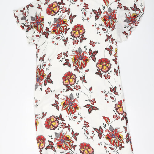 H&M Womens White Floral Polyester A-Line Size 8 Round Neck