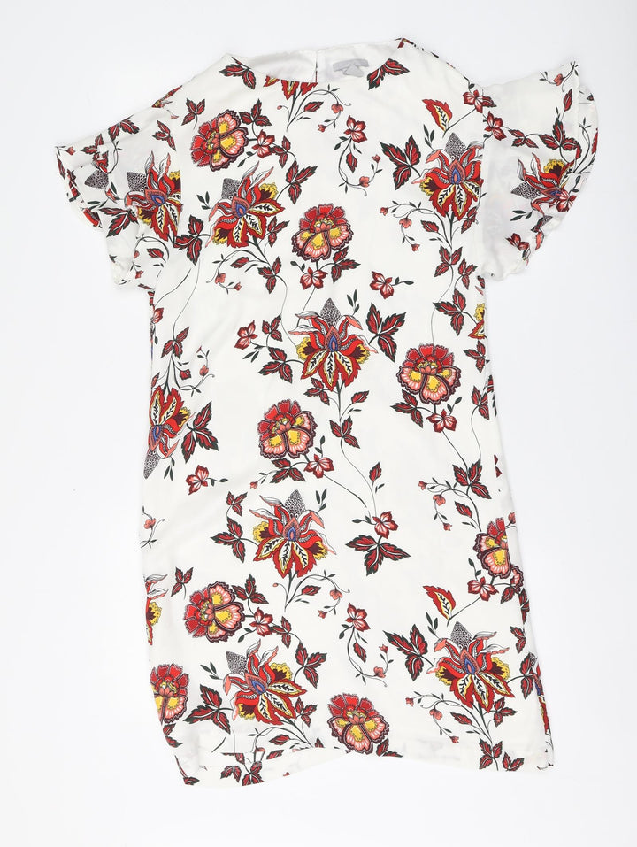 H&M Womens White Floral Polyester A-Line Size 8 Round Neck