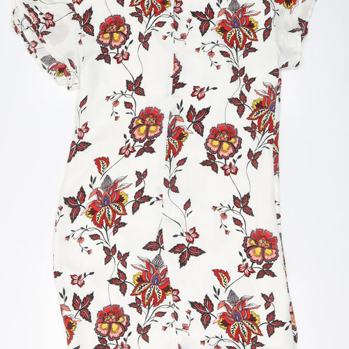 H&M Womens White Floral Polyester A-Line Size 8 Round Neck