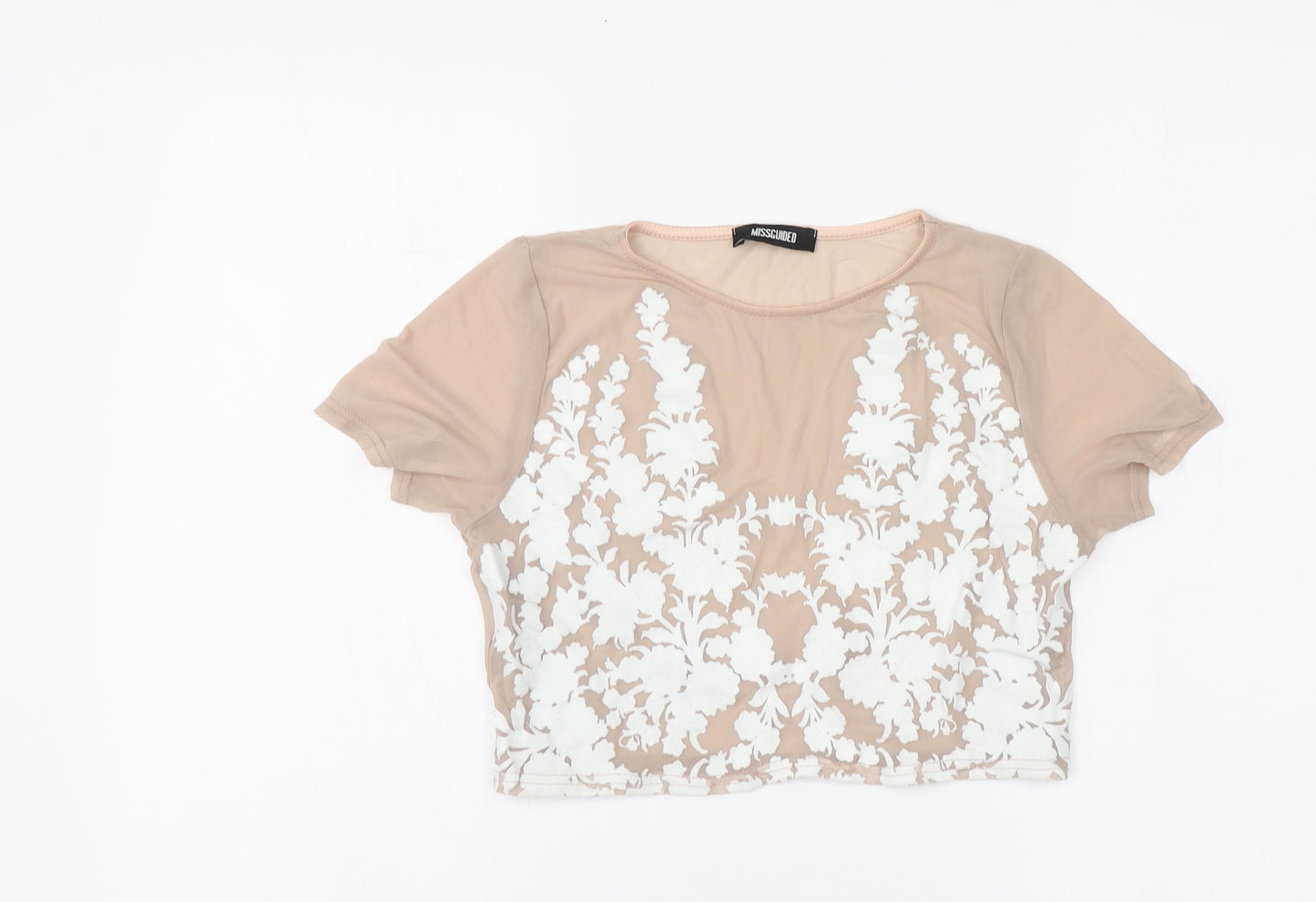 Missguided Womens Beige Geometric Polyester Basic T-Shirt Size 10 Roll Neck