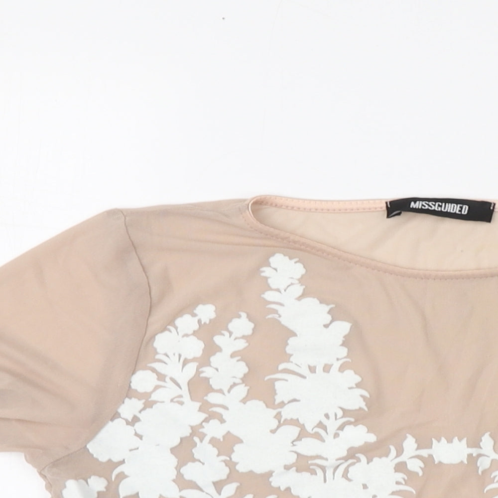 Missguided Womens Beige Geometric Polyester Basic T-Shirt Size 10 Roll Neck