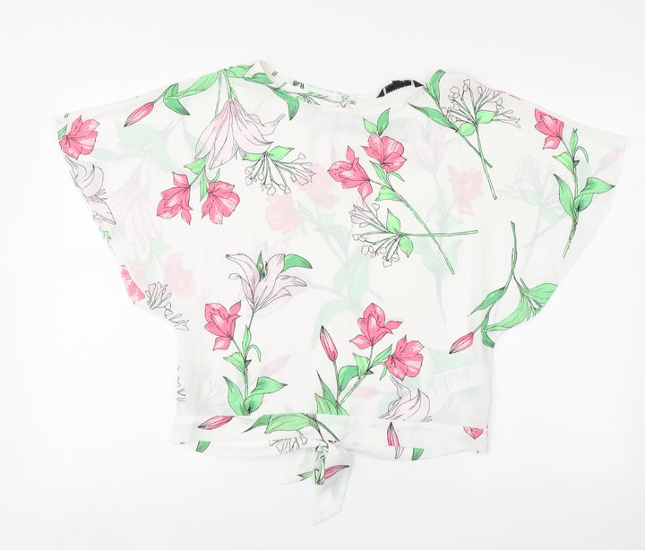 Debenhams Womens White Floral Polyester Basic Blouse Size 8 Round Neck