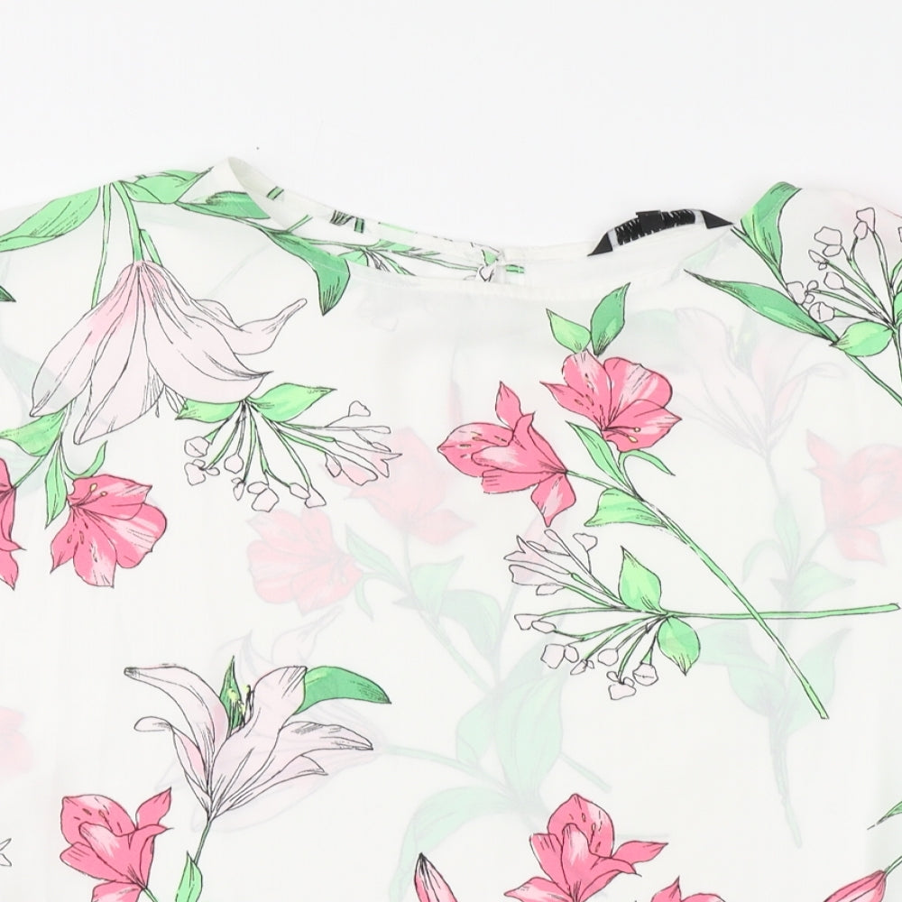 Debenhams Womens White Floral Polyester Basic Blouse Size 8 Round Neck