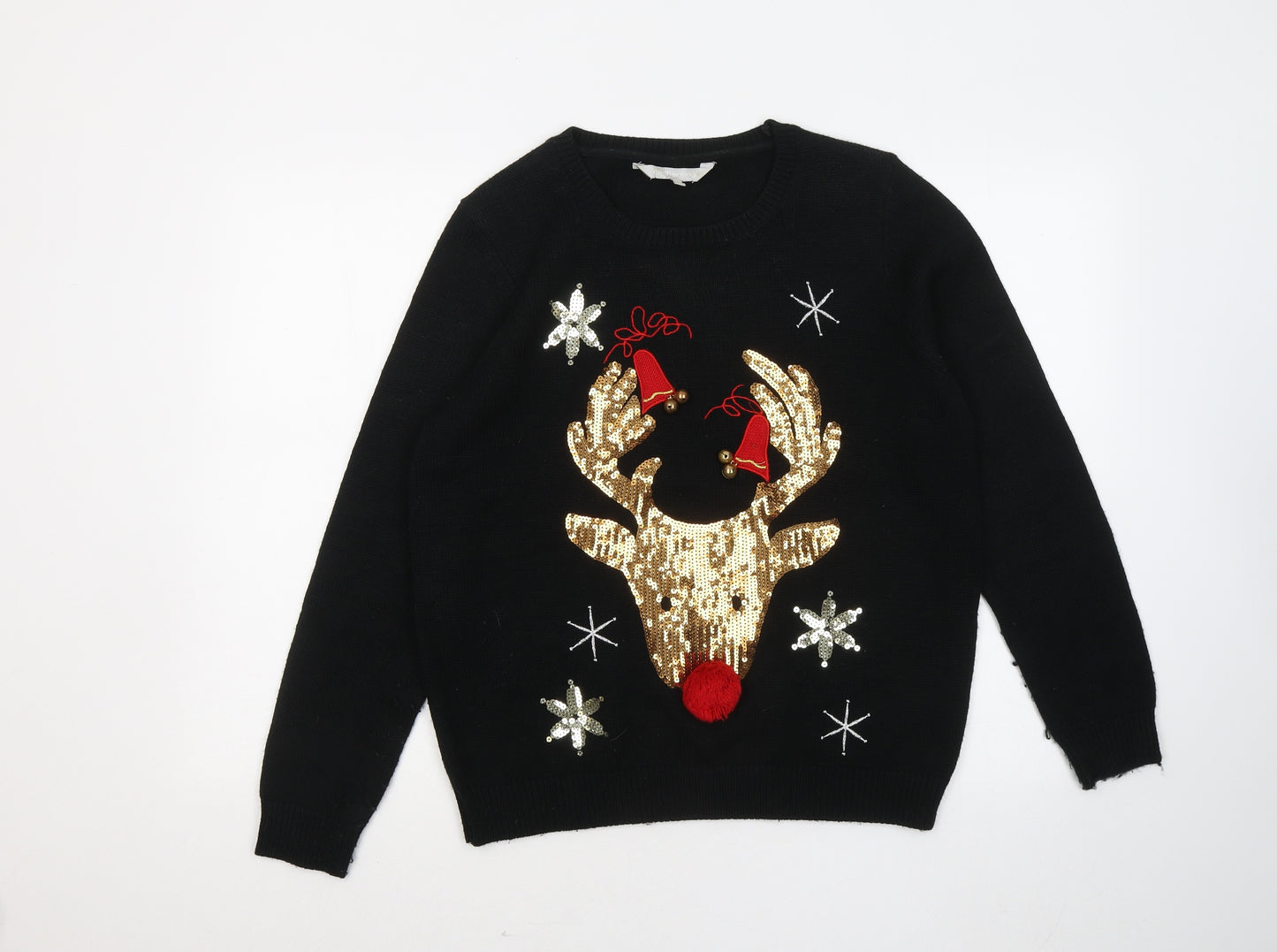 Red Herring Womens Black Round Neck Acrylic Pullover Jumper Size 16 - Christmas jumper