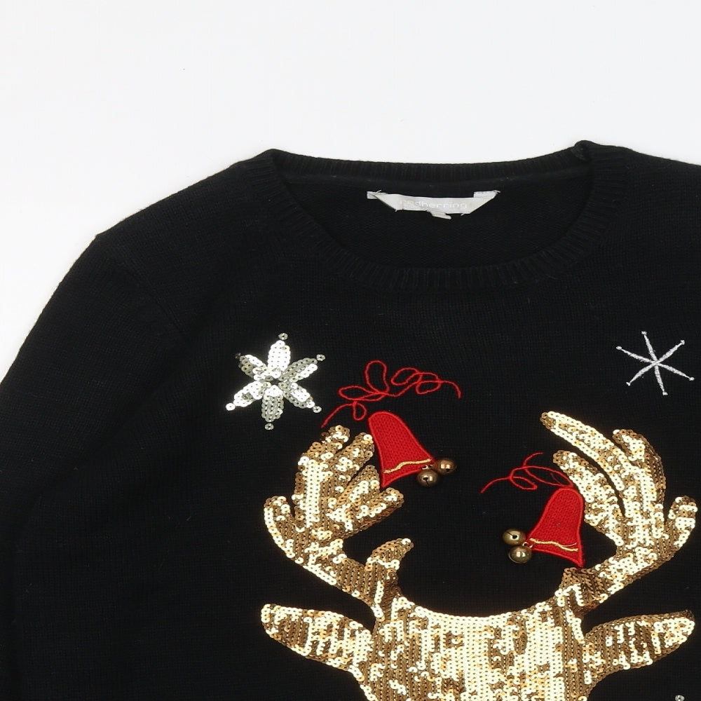 Red Herring Womens Black Round Neck Acrylic Pullover Jumper Size 16 - Christmas jumper