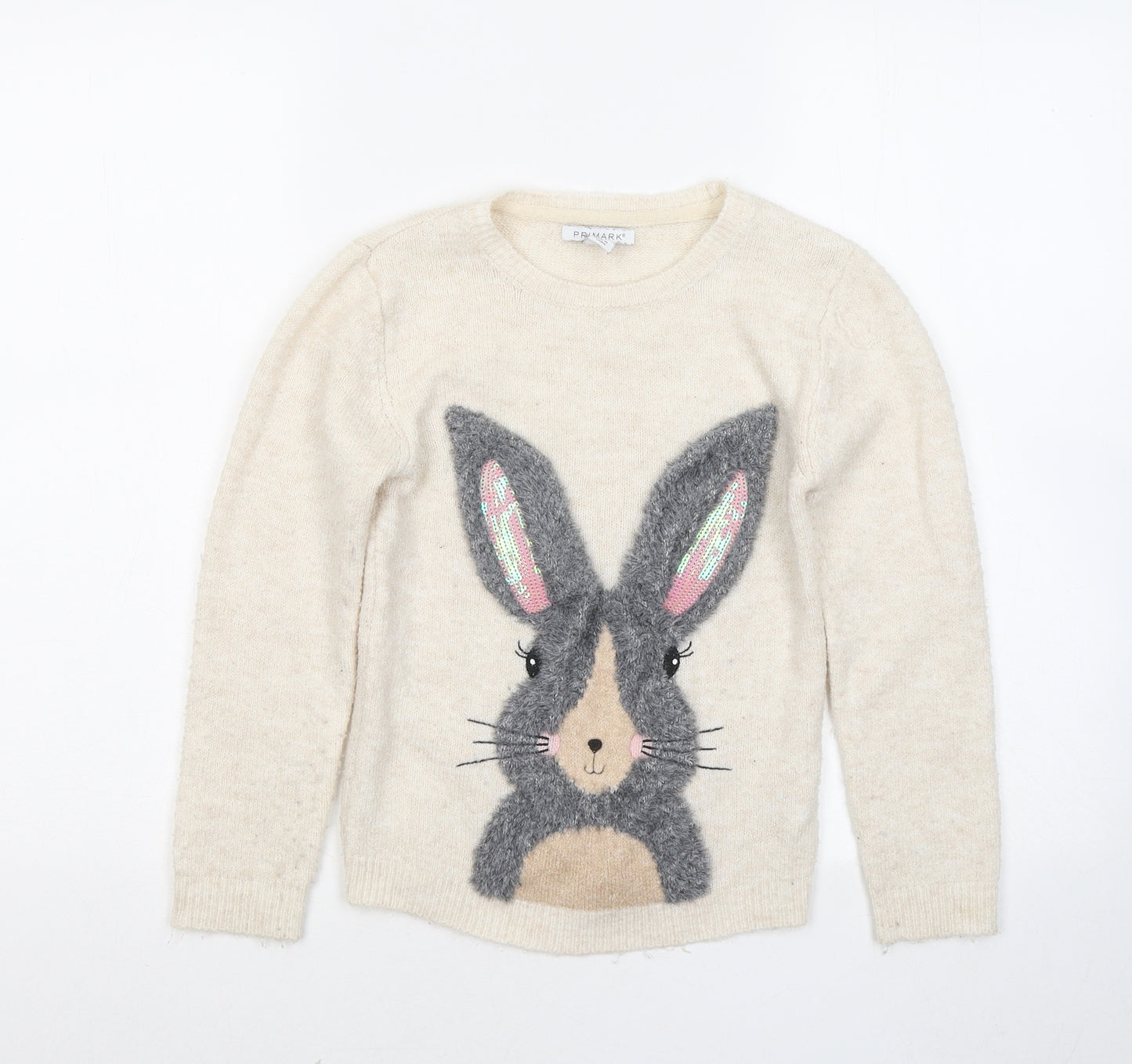 Primark Girls Ivory Round Neck Acrylic Pullover Jumper Size 7-8 Years - Rabbit