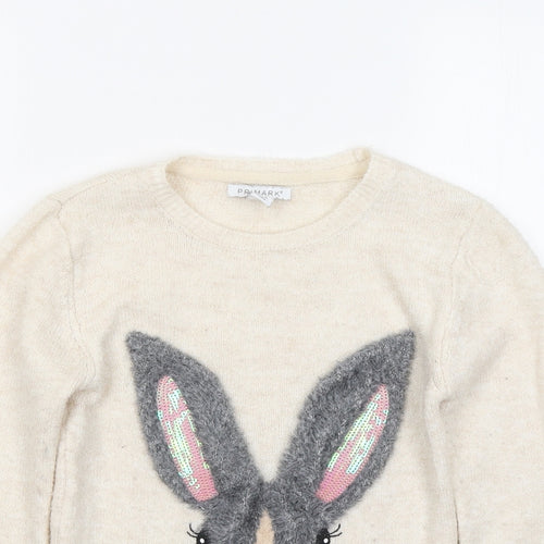 Primark Girls Ivory Round Neck Acrylic Pullover Jumper Size 7-8 Years - Rabbit