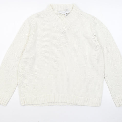 Liz Claiborne Womens White V-Neck Acrylic Pullover Jumper Size M