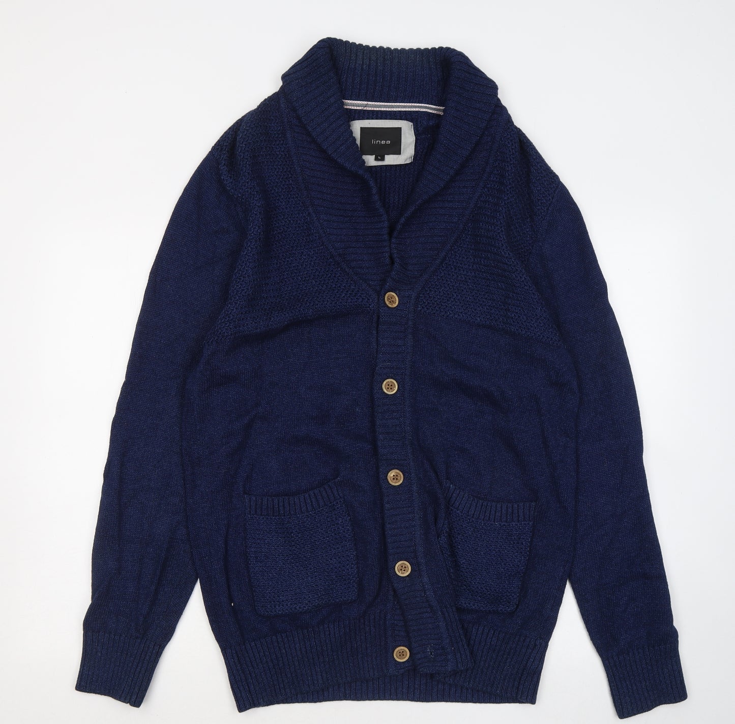 Linea Mens Blue V-Neck Cotton Cardigan Jumper Size L