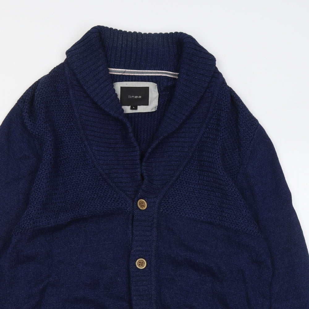 Linea Mens Blue V-Neck Cotton Cardigan Jumper Size L