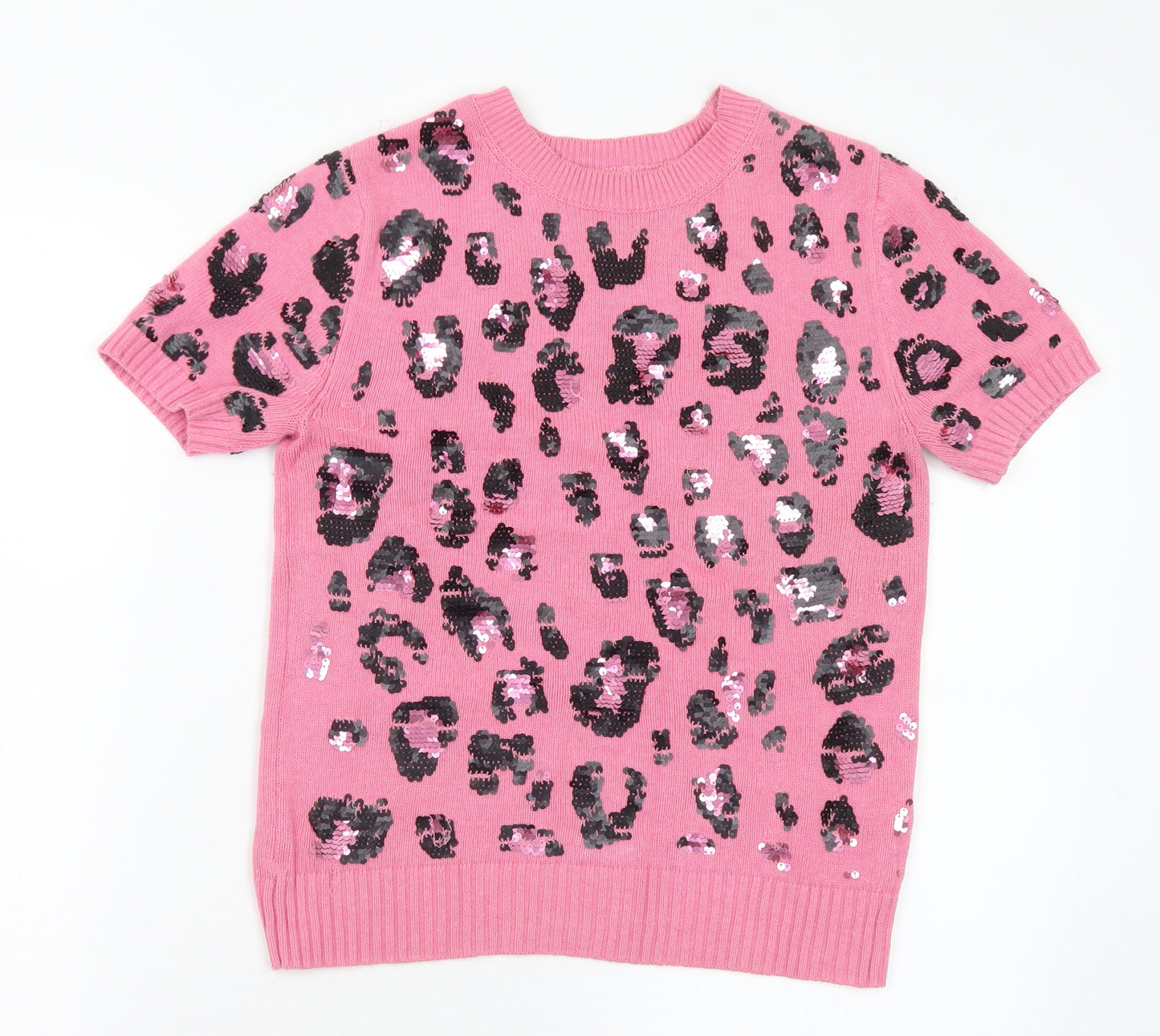 Marks and Spencer Womens Pink Crew Neck Animal Print Polyester Pullover Jumper Size 10