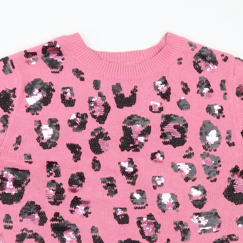 Marks and Spencer Womens Pink Crew Neck Animal Print Polyester Pullover Jumper Size 10