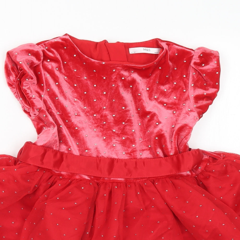 Marks and Spencer Girls Red Polyester Ball Gown Size 6-7 Years Round Neck