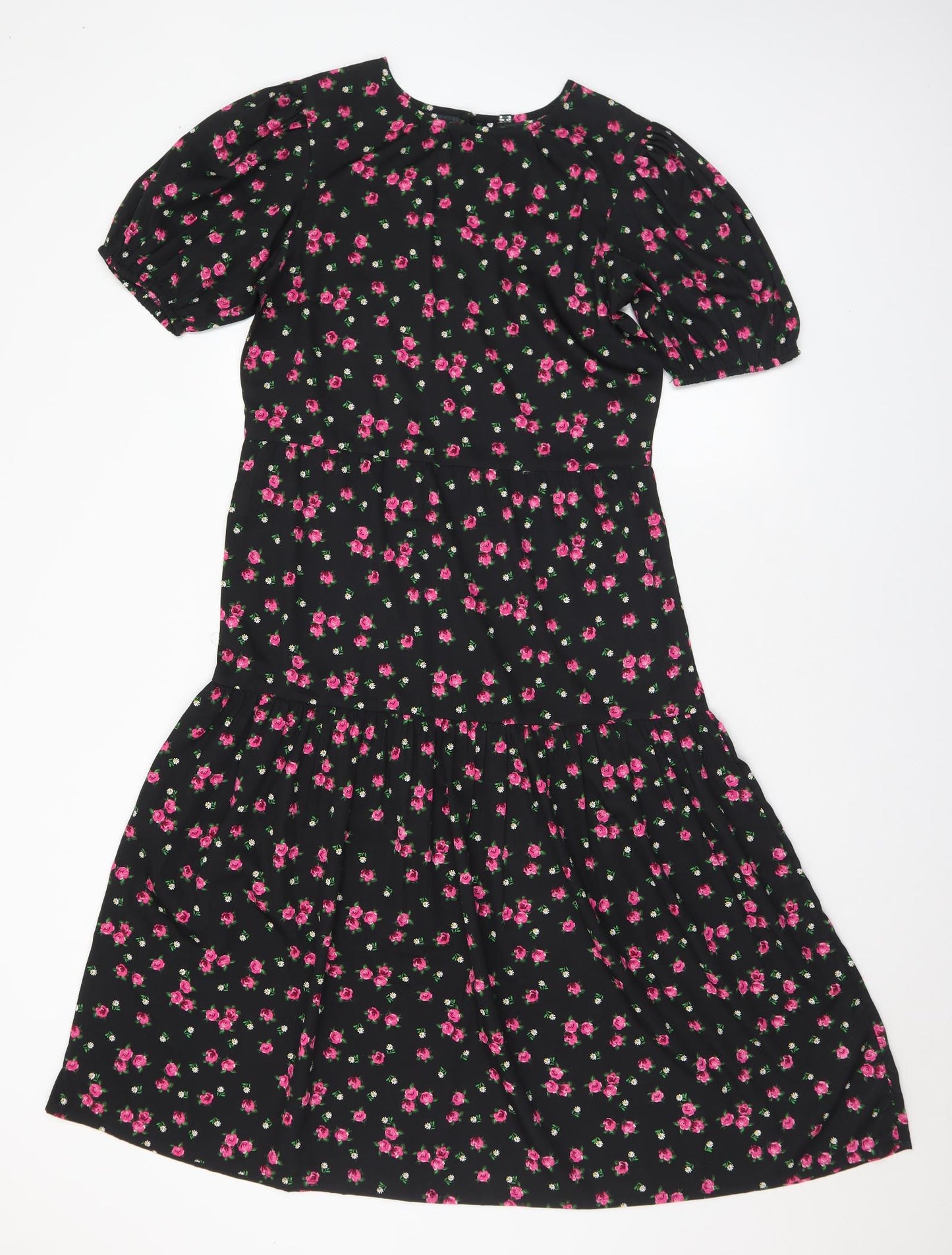 Influence Womens Black Floral Polyester A-Line Size 10 Round Neck