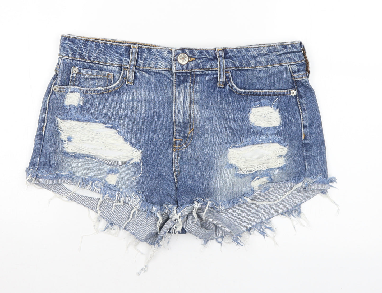 River Island Womens Blue Cotton Hot Pants Shorts Size 12 Regular Button