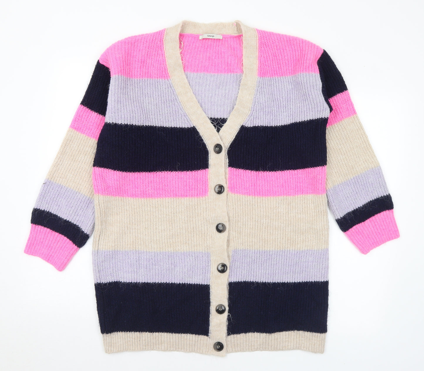 George Womens Multicoloured V-Neck Striped Acrylic Cardigan Jumper Size 12