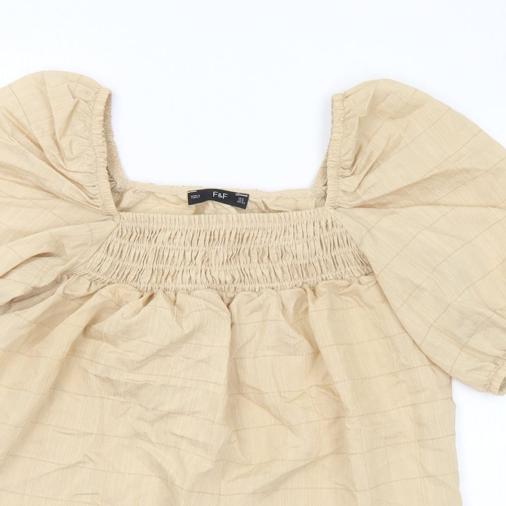 F&F Womens Gold Check Viscose Basic Blouse Size 6 Off the Shoulder