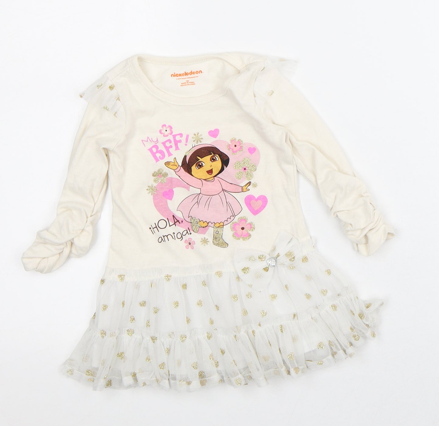 Nickelodeon Girls White Polka Dot Cotton Tutu Dress Size 18 Months Round Neck - Dora The Explorer