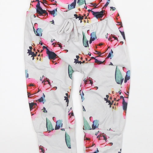 Preworn Girls White Floral Polyester Capri Trousers Size 6-9 Months