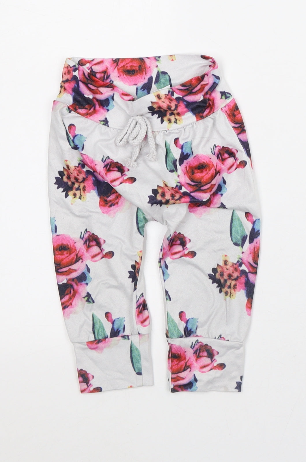 Preworn Girls White Floral Polyester Capri Trousers Size 6-9 Months