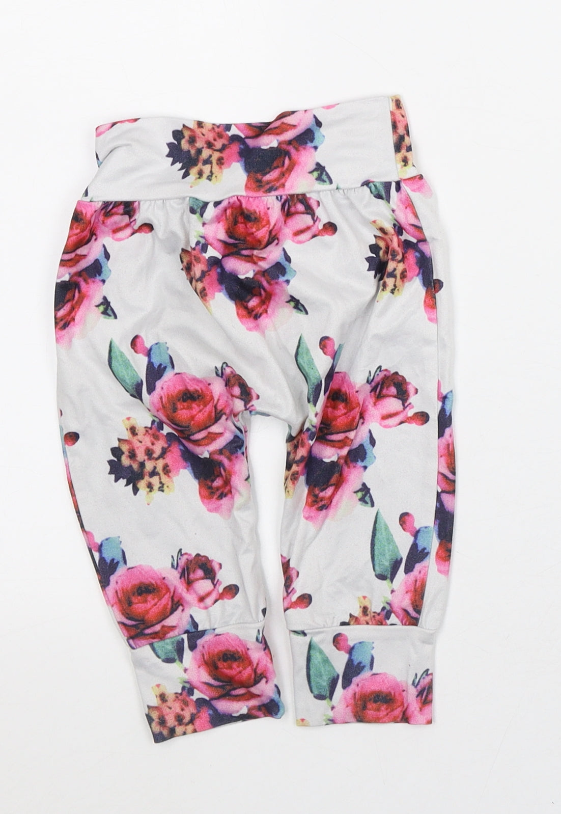 Preworn Girls White Floral Polyester Capri Trousers Size 6-9 Months
