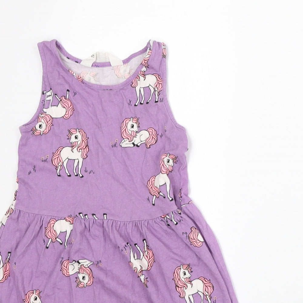 H&M Girls Purple Geometric Cotton A-Line Size 6-7 Years Round Neck - Unicorn