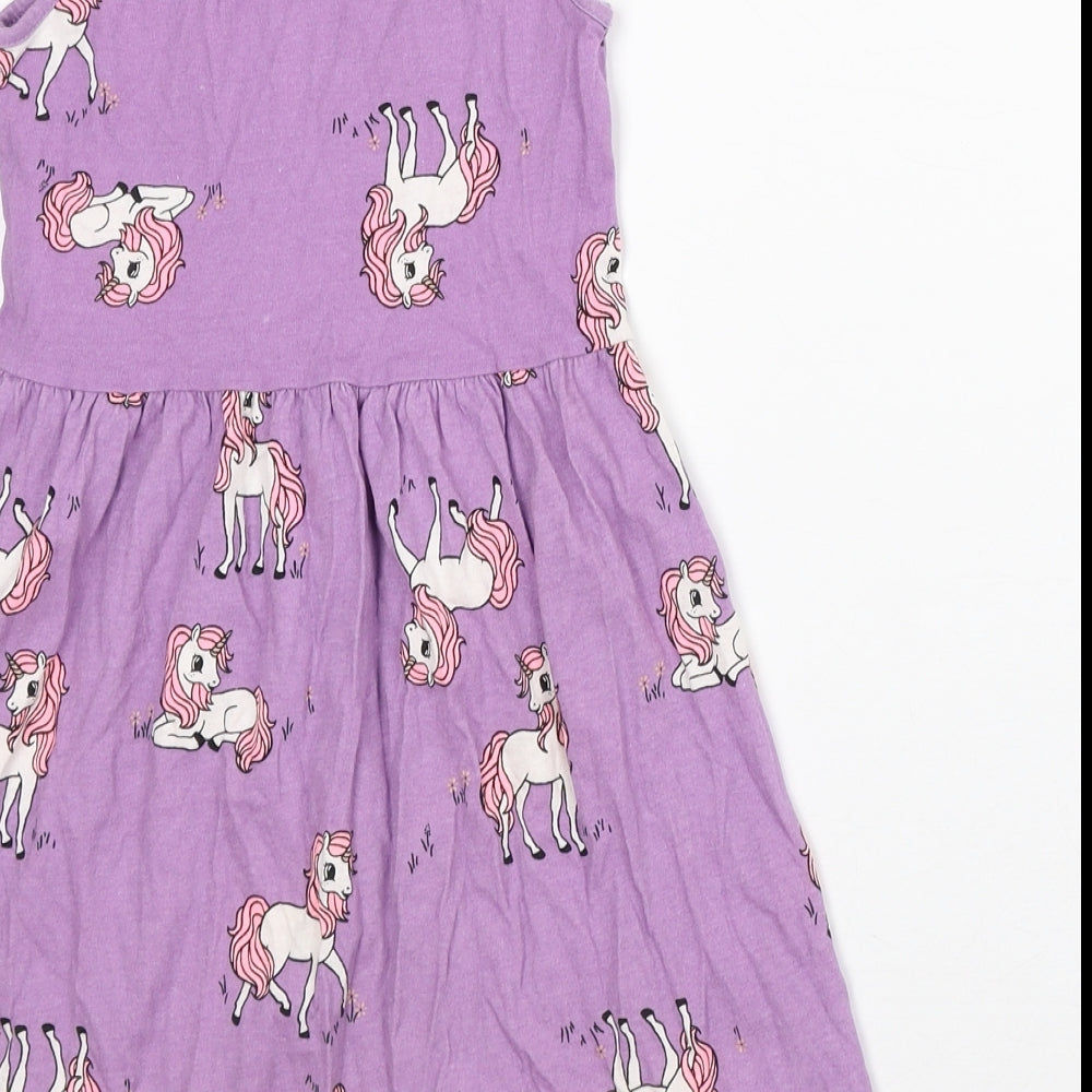 H&M Girls Purple Geometric Cotton A-Line Size 6-7 Years Round Neck - Unicorn