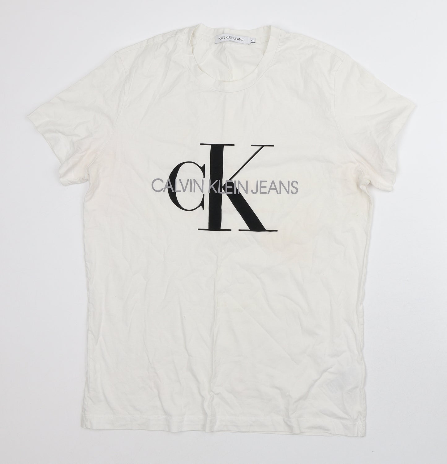 Calvin Klein Mens White Cotton T-Shirt Size XL Crew Neck