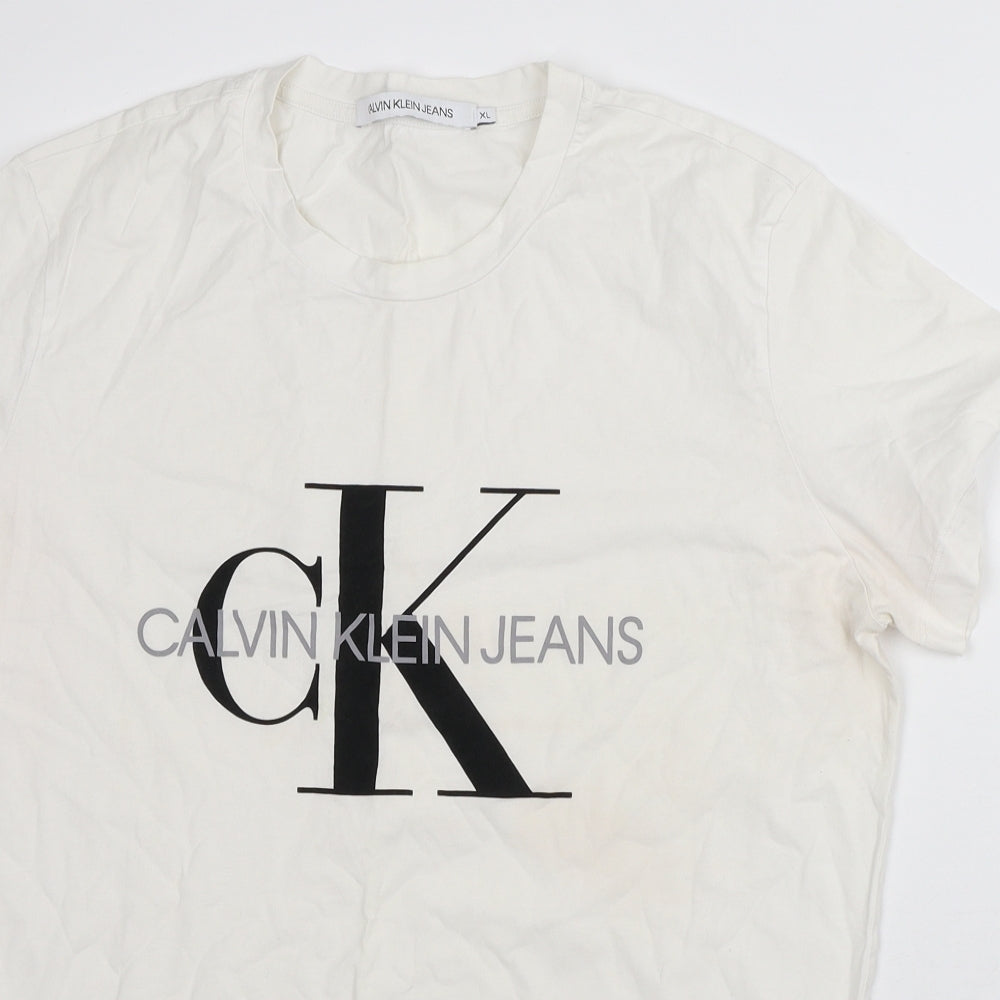Calvin Klein Mens White Cotton T-Shirt Size XL Crew Neck