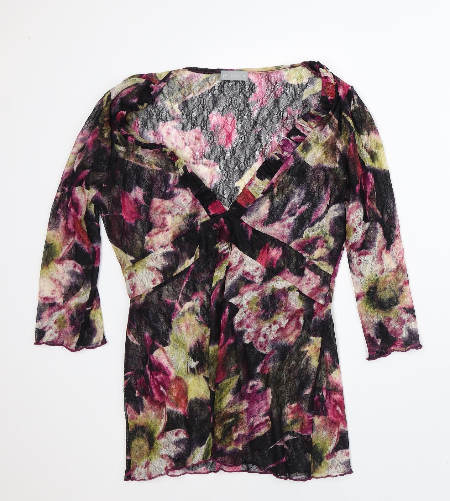 Per Una Womens Black Floral Polyester Tunic Blouse Size 14 V-Neck