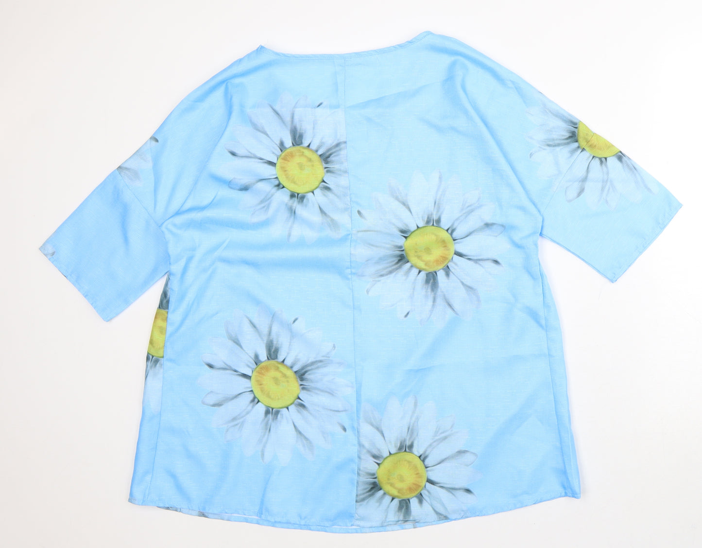 Preworn Womens Blue Floral Polyester Basic T-Shirt Size L Roll Neck - Daisy