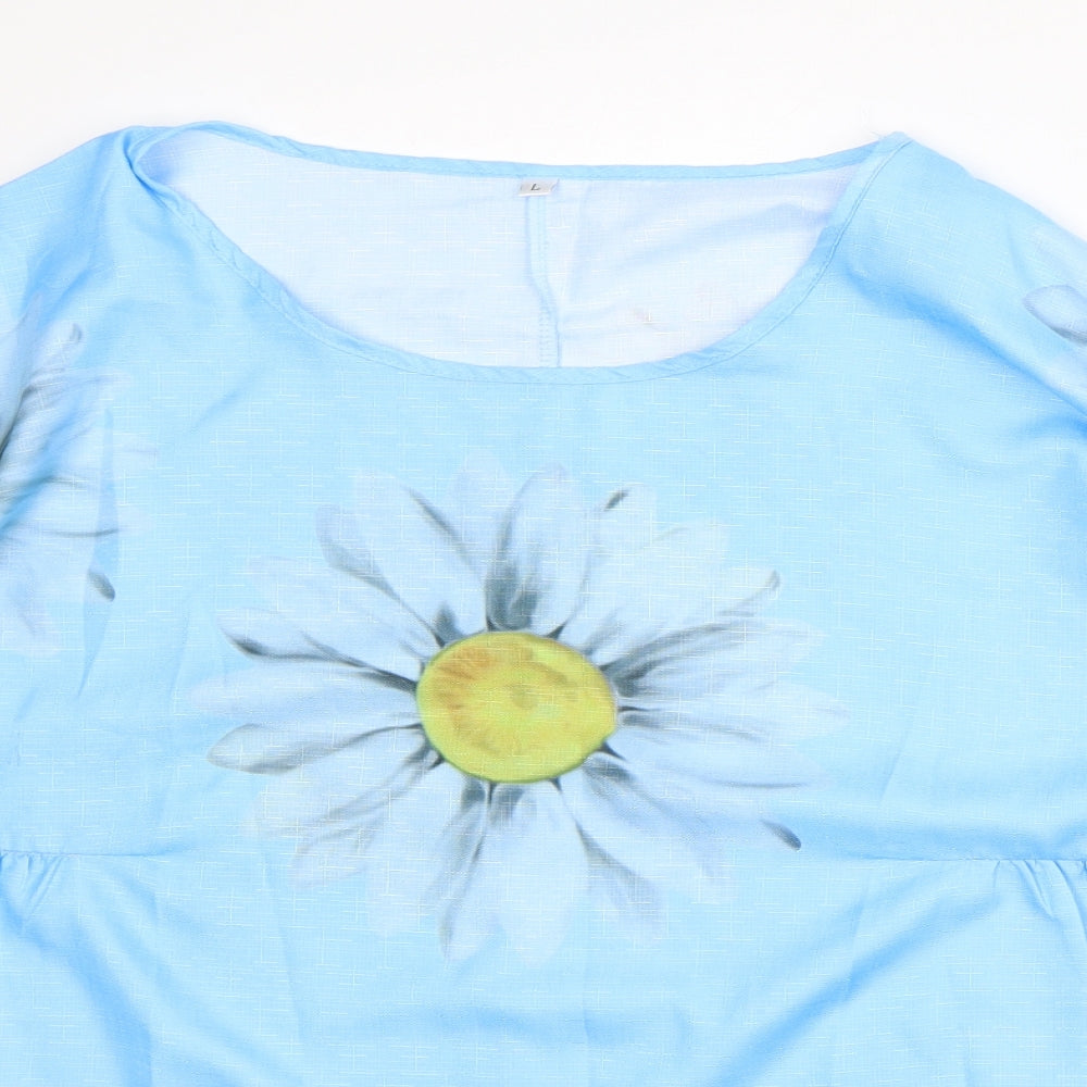 Preworn Womens Blue Floral Polyester Basic T-Shirt Size L Roll Neck - Daisy
