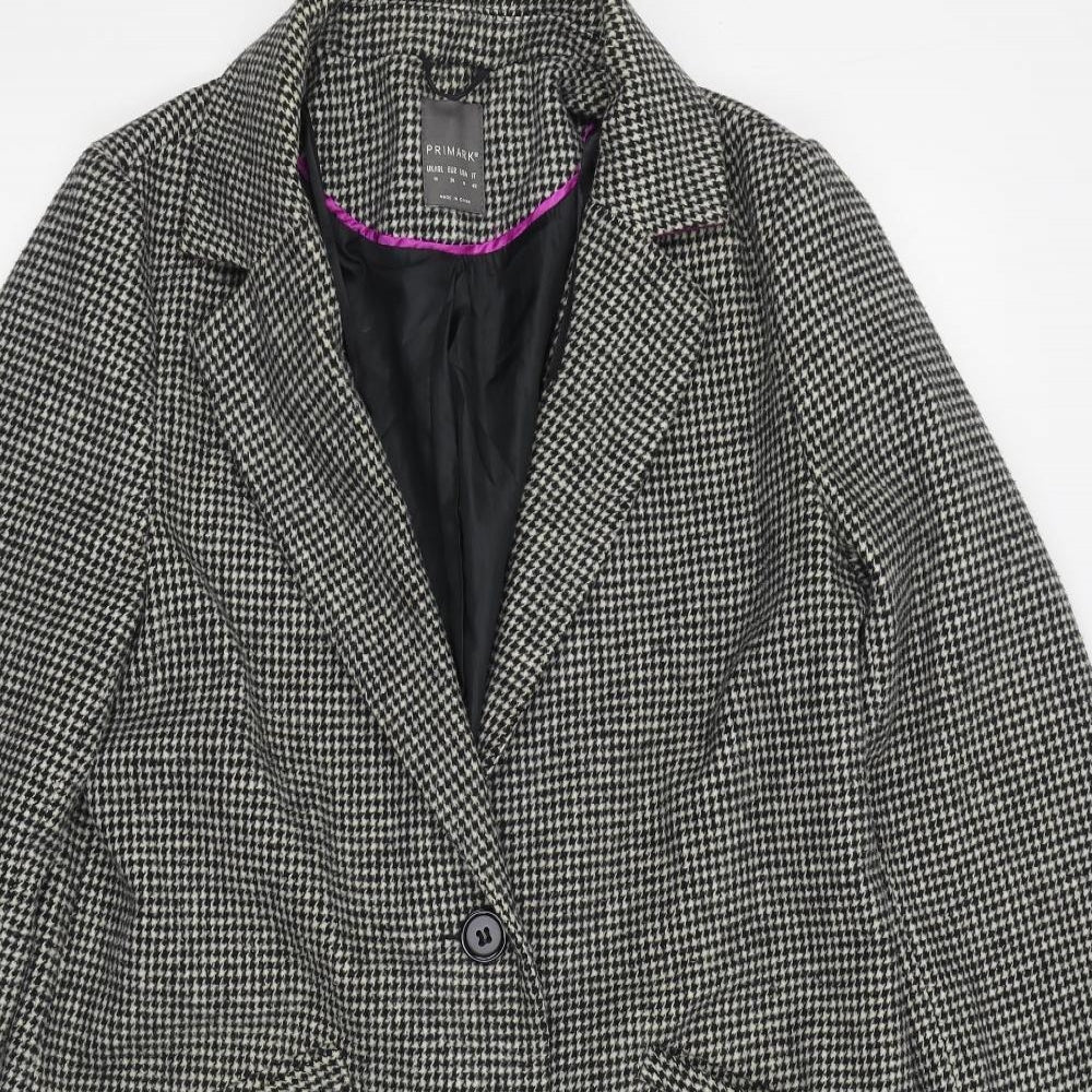 Primark Womens Black Houndstooth Overcoat Coat Size 10 Button