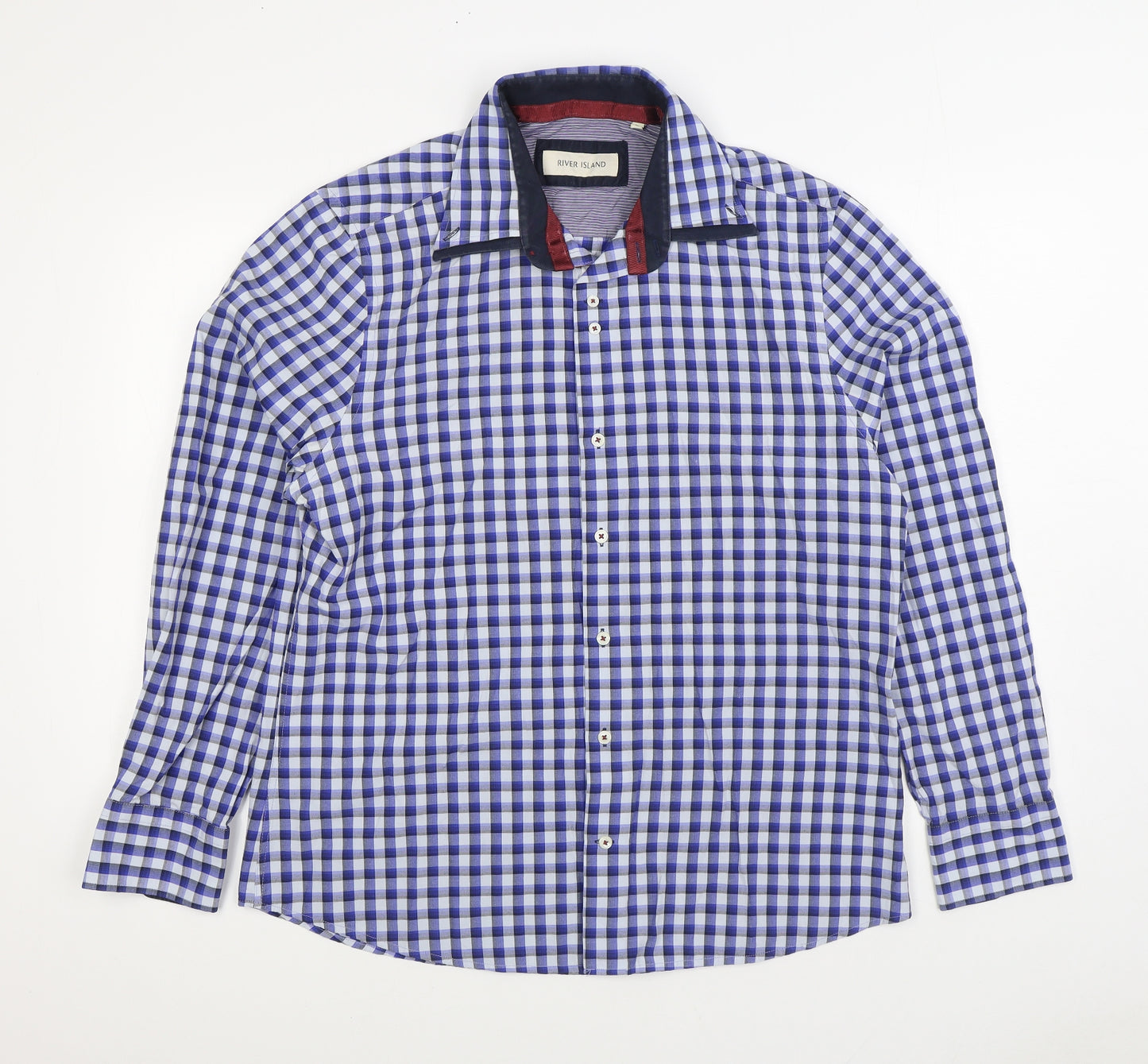 River Island Mens Blue Plaid Cotton Button-Up Size XL Collared Button