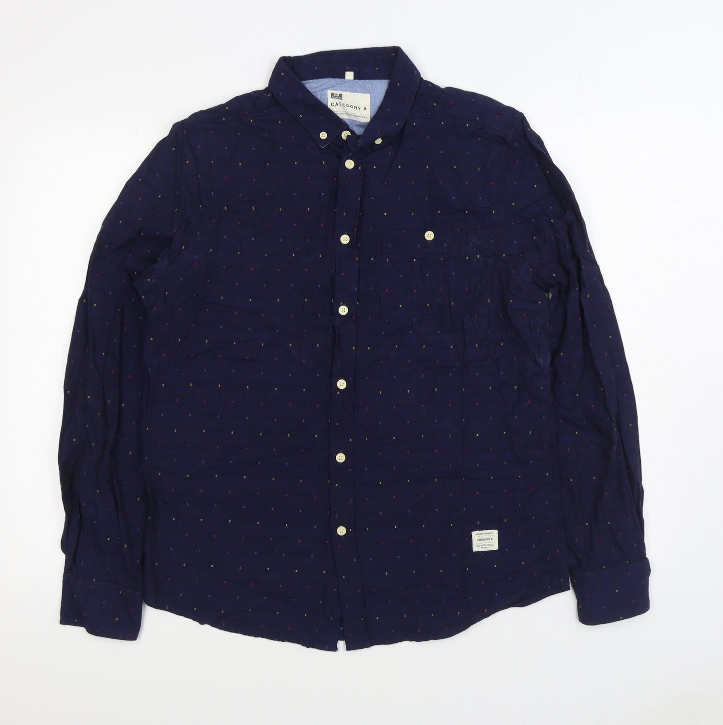 Category A Mens Blue Geometric Cotton Button-Up Size L Collared Button