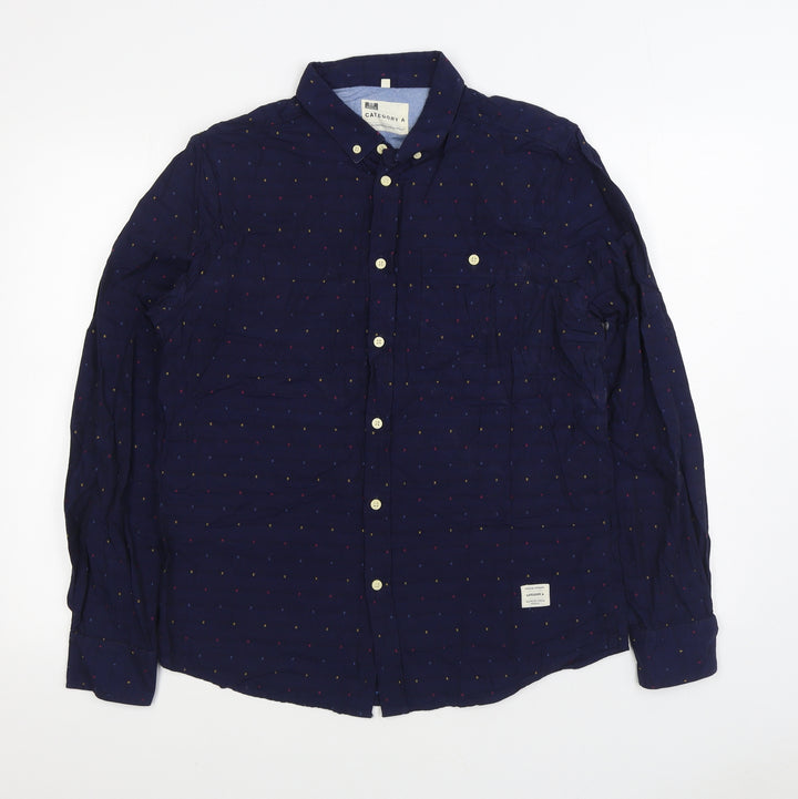 Category A Mens Blue Geometric Cotton Button-Up Size L Collared Button