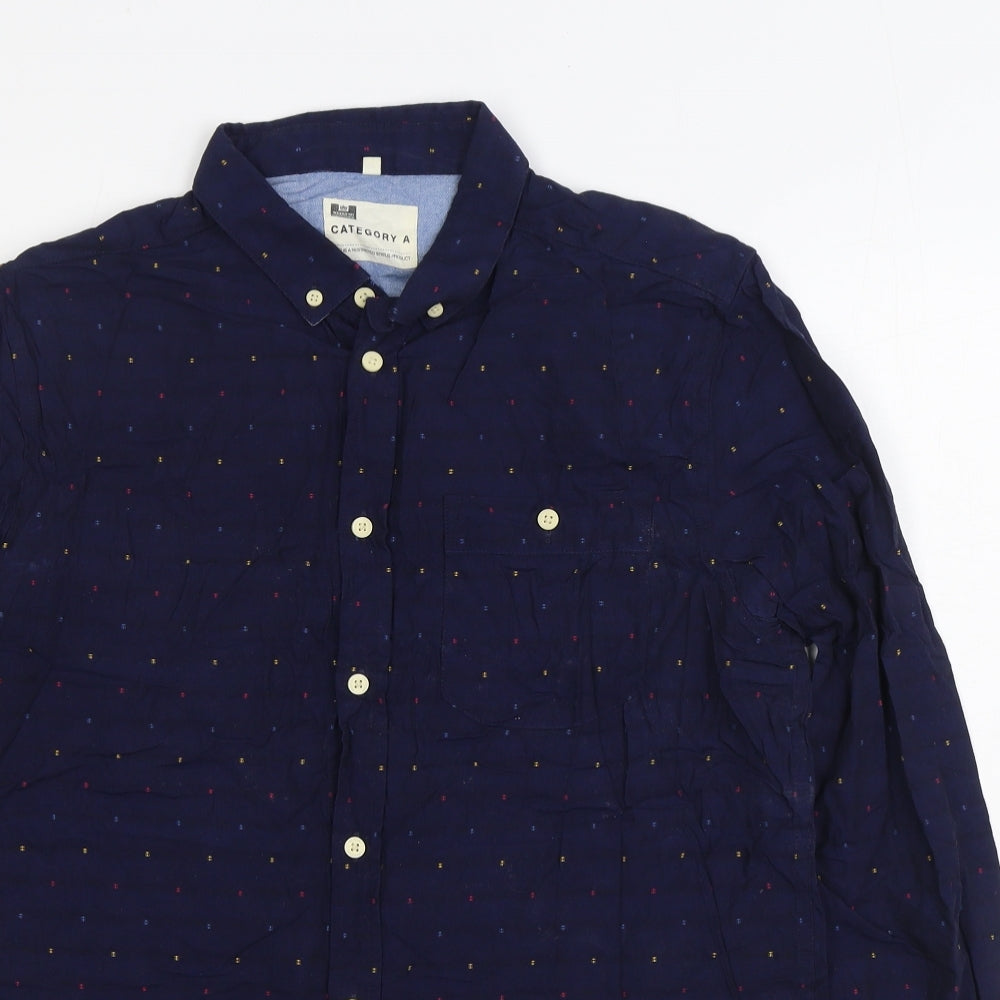 Category A Mens Blue Geometric Cotton Button-Up Size L Collared Button