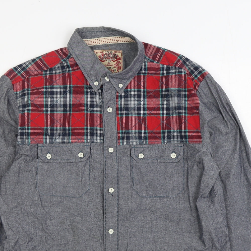 Superdry Mens Grey Cotton Button-Up Size L Collared Button