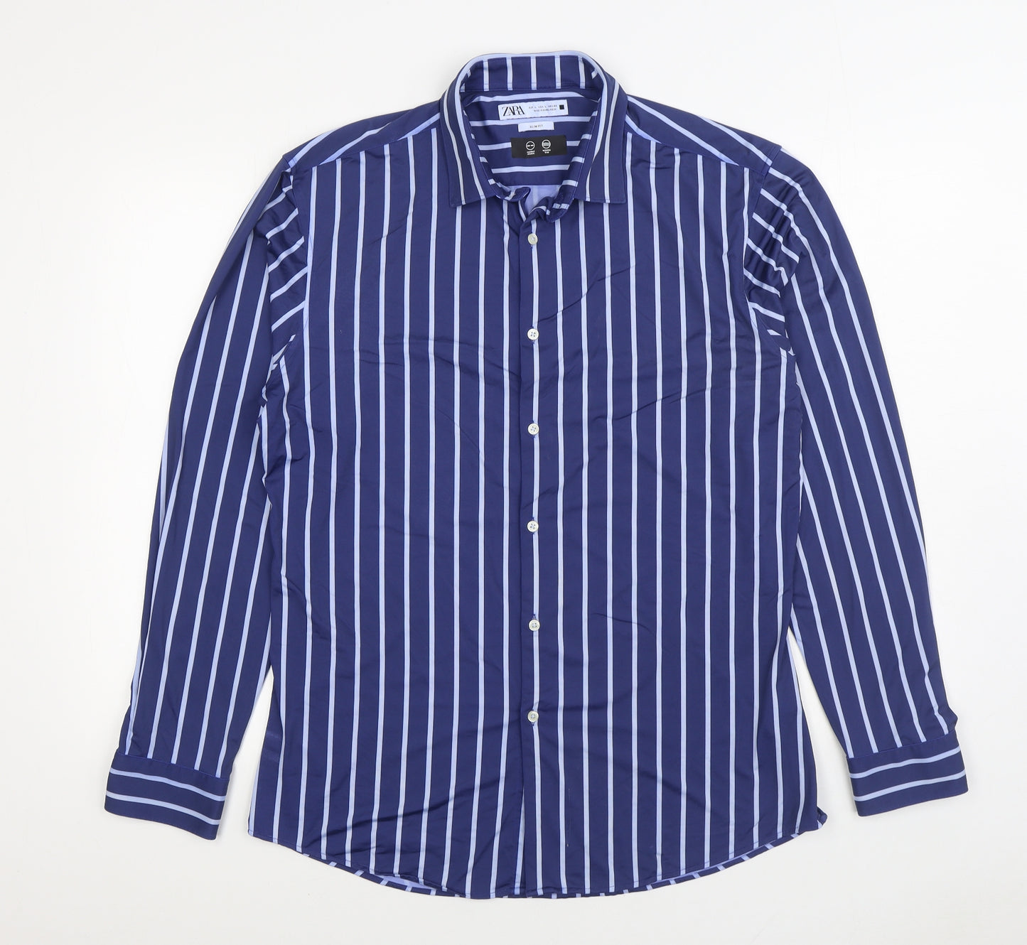 Zara Mens Blue Striped Polyamide Button-Up Size L Collared Button
