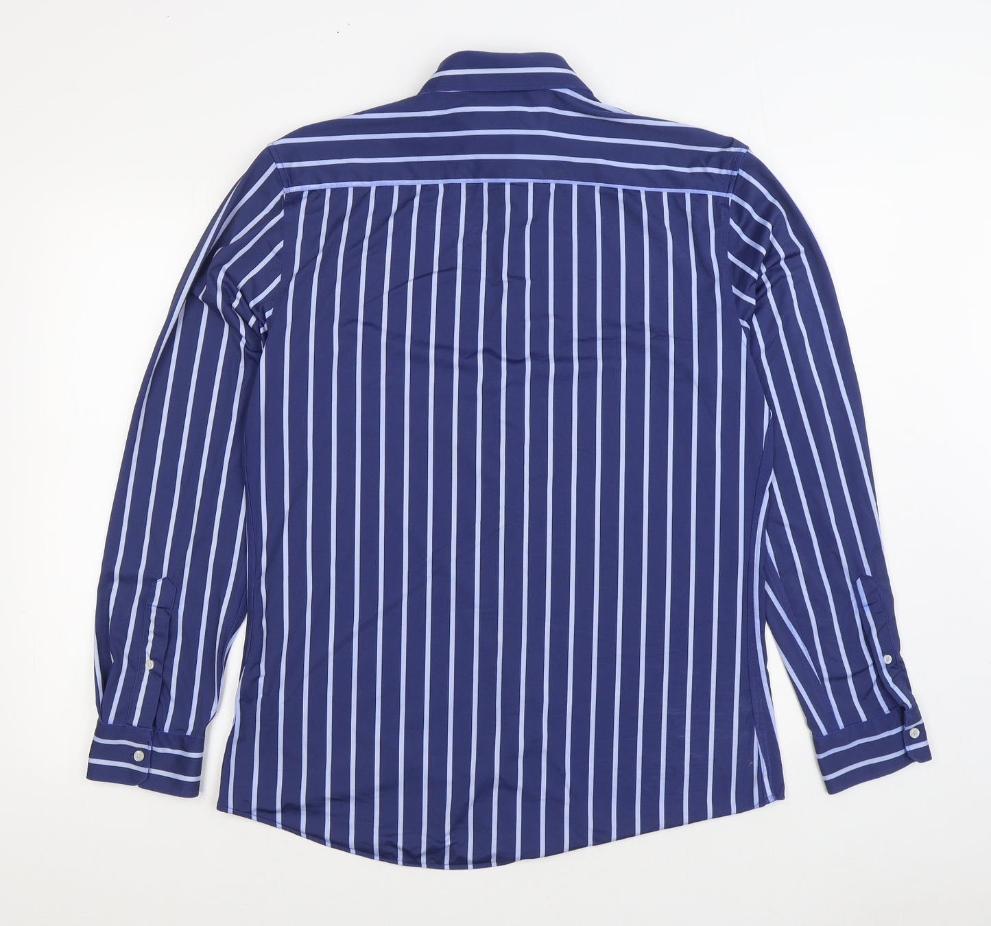 Zara Mens Blue Striped Polyamide Button-Up Size L Collared Button