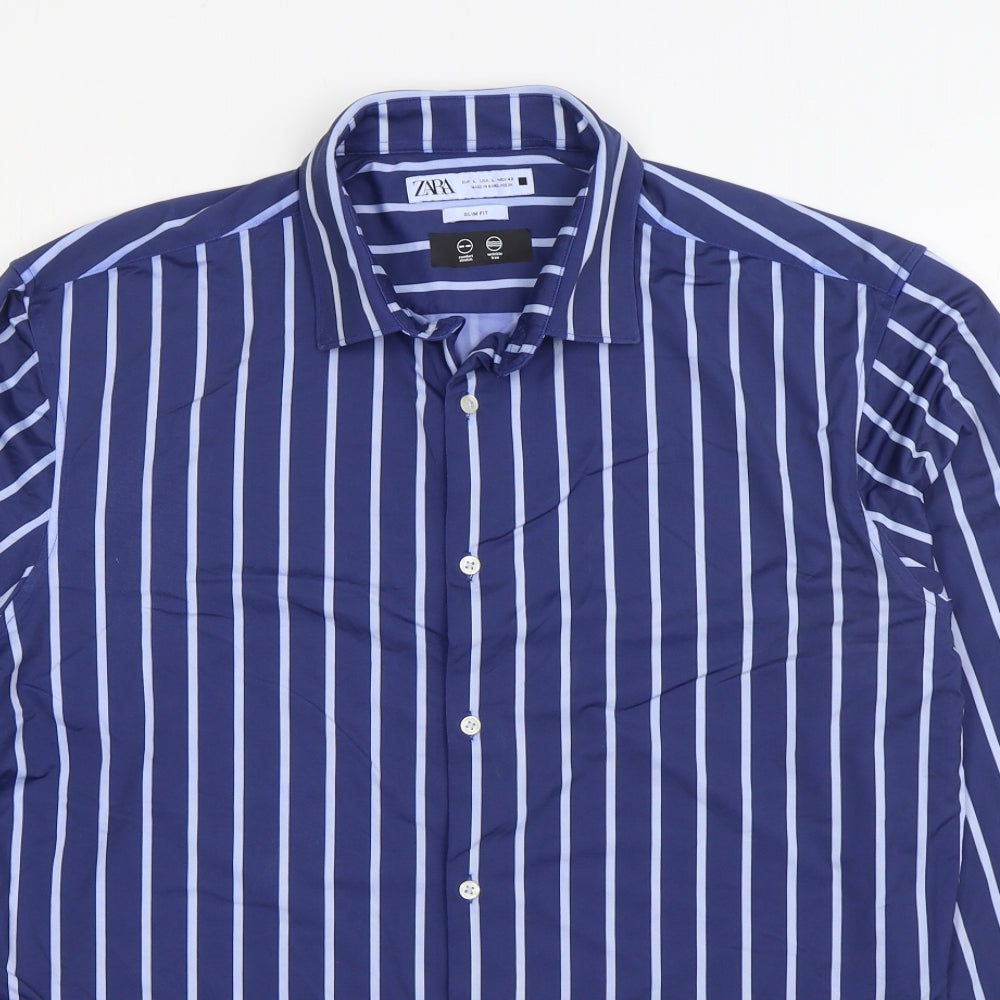 Zara Mens Blue Striped Polyamide Button-Up Size L Collared Button
