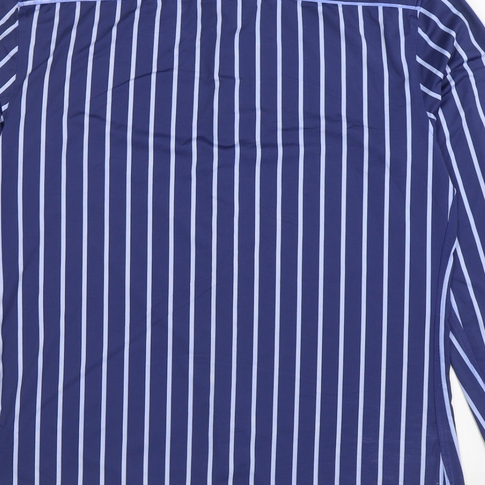 Zara Mens Blue Striped Polyamide Button-Up Size L Collared Button