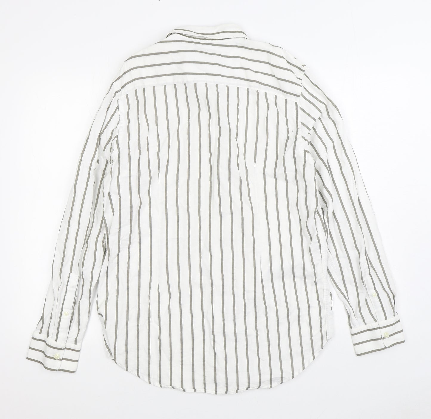 Zara Mens Beige Striped Polyester Button-Up Size L Collared Button