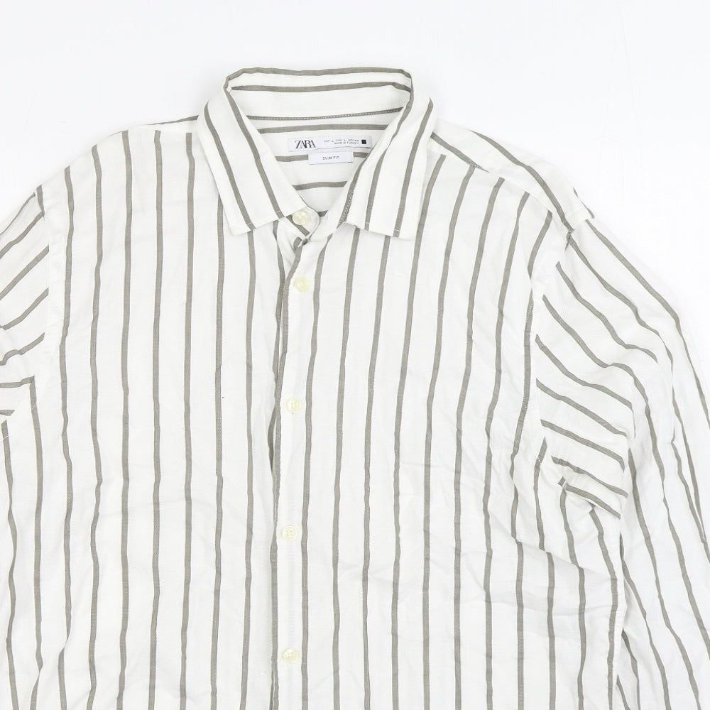 Zara Mens Beige Striped Polyester Button-Up Size L Collared Button