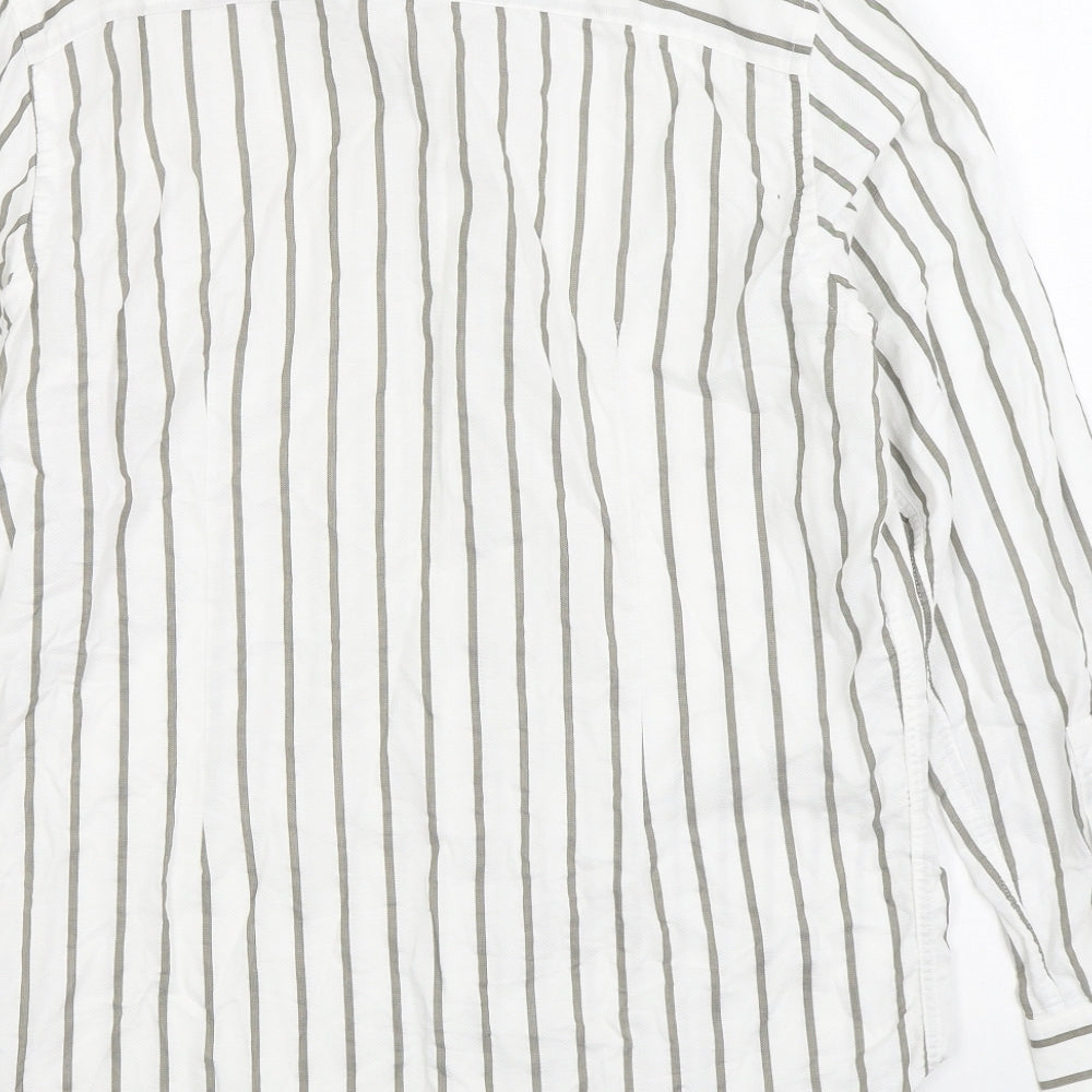 Zara Mens Beige Striped Polyester Button-Up Size L Collared Button